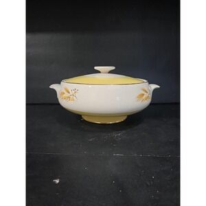 Rare Vintage Century Yellow And White  Ceramic Bowl & Cover,Wheat Design W/Gold